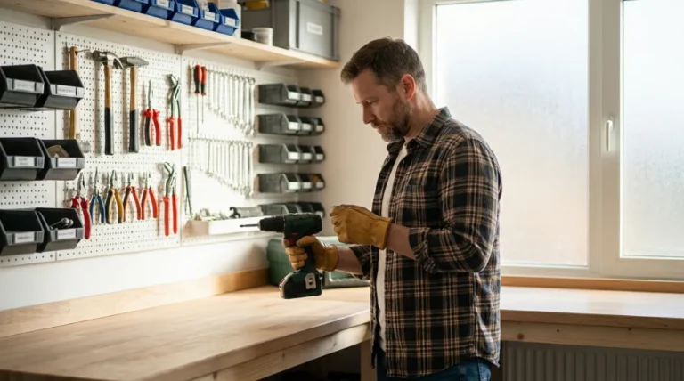 Domači mojster v svetli in urejeni delavnici pripravlja orodje za delo.