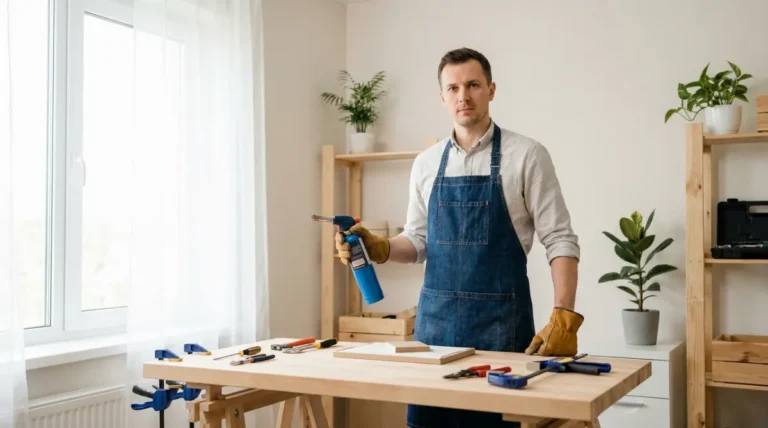 Moški v čisti delavnici drži plinski brener, pripravljen na tehnično opravilo.