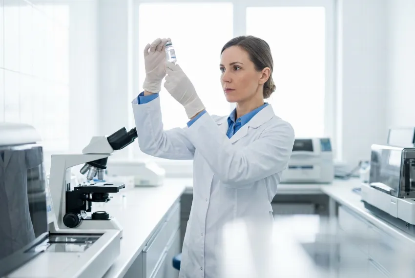 Zdravstvena delavka natančno pregleduje laboratorijski vzorec v modernem laboratoriju.