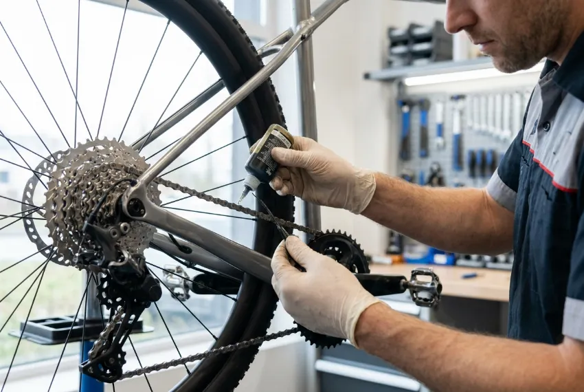 Natančen nanos maziva na čisto verigo kolesa.