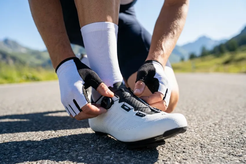 Kolesar prilagaja sistem zapenjanja na vrhunskem kolesarskem čevlju.
