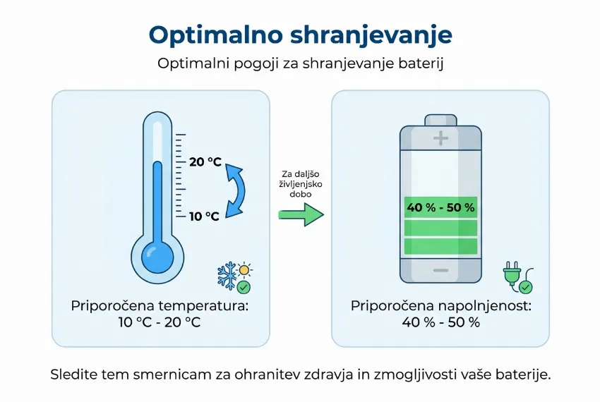 Infografika, ki prikazuje optimalno temperaturo in napolnjenost za shranjevanje baterij.