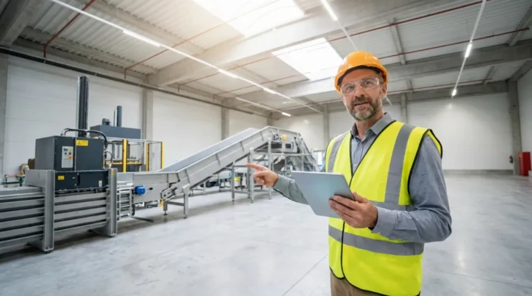 Vodja logistike pregleduje proces avtomatiziranega stiskanja odpadkov v modernem in čistem industrijskem skladišču.
