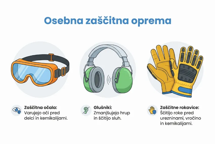 Infografika, ki prikazuje obvezno osebno zaščitno opremo: zaščitna očala, slušalke in delovne rokavice.