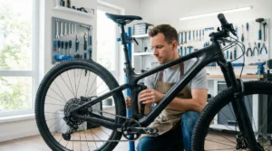 Moški v čisti domači delavnici pregleduje gorsko kolo.