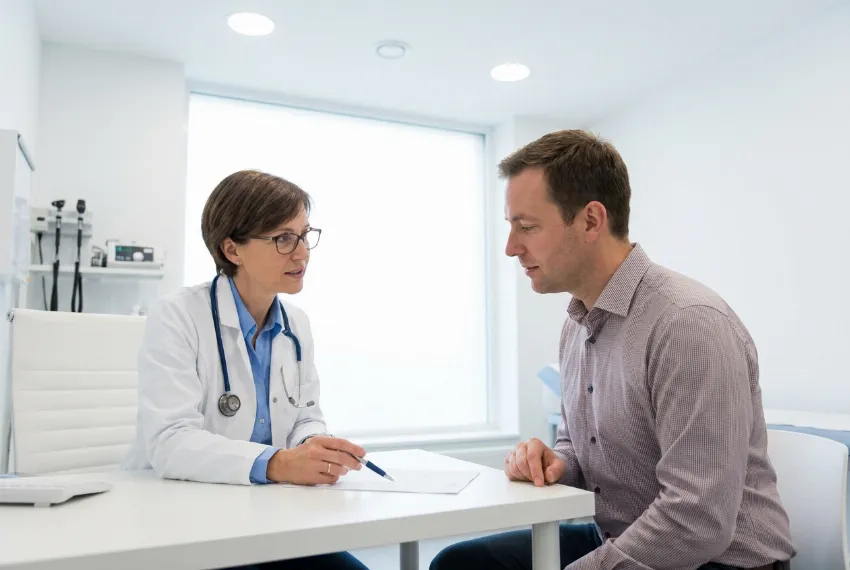 Zdravnica pacientu podrobno razlaga zdravstvene izvide na mizi v svetli ambulanti.