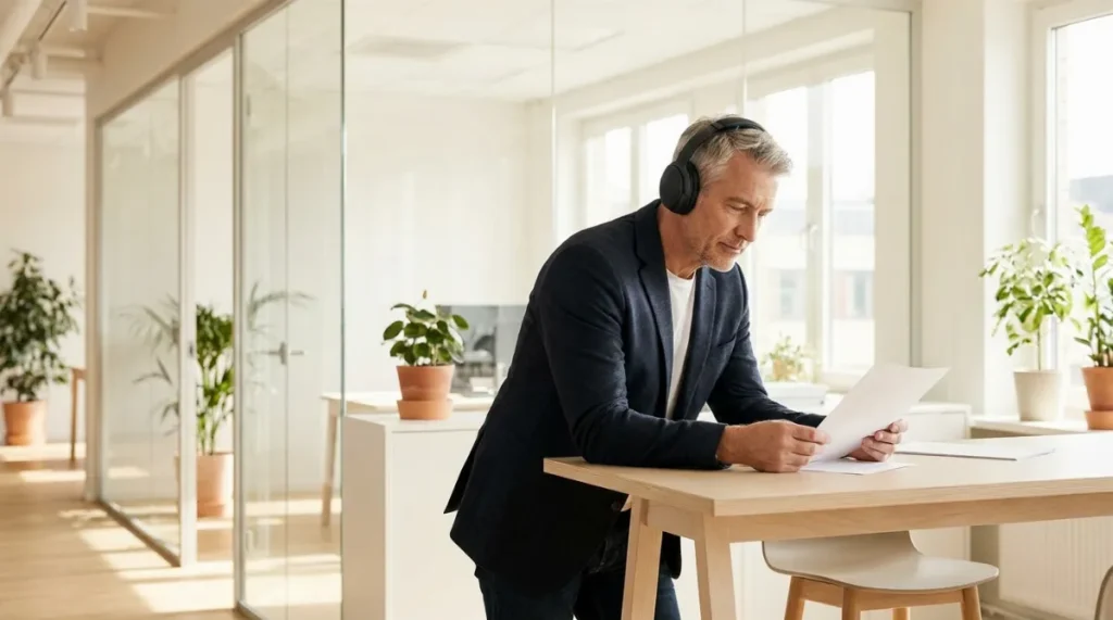Poslovnež s specializiranimi slušalkami se uči tujega jezika v svetli in moderni pisarni.