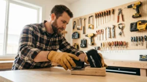 Moški v svetli moderni delavnici pravilno priklaplja baterijo za orodje na polnilno postajo.