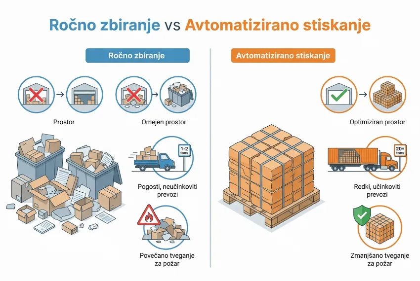 Infografika, ki prikazuje primerjavo med ročnim zbiranjem odpadkov in avtomatiziranim stiskanjem v bale glede na zasedenost prostora in varnost.