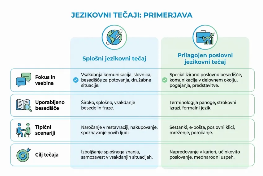 Infografika, ki prikazuje razlike med splošnim in poslovnim jezikovnim tečajem.