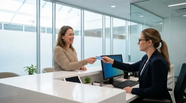 Pacientka in medicinska sestra na moderni in svetli recepciji specialistične ambulante med urejanjem dokumentacije.
