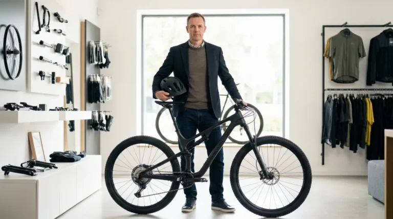 Strokovnjak v moderni kolesarski trgovini stoji ob gorskem kolesu in drži kolesarsko čelado.