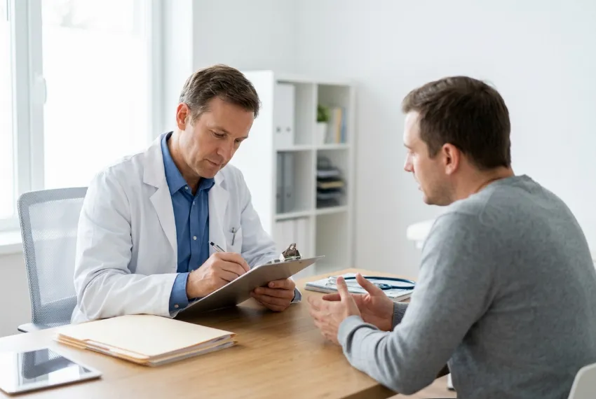 Zdravnik specialist si med uvodnim pogovorom s pacientom v svetli in čisti ordinaciji zapisuje pomembne informacije o simptomih.