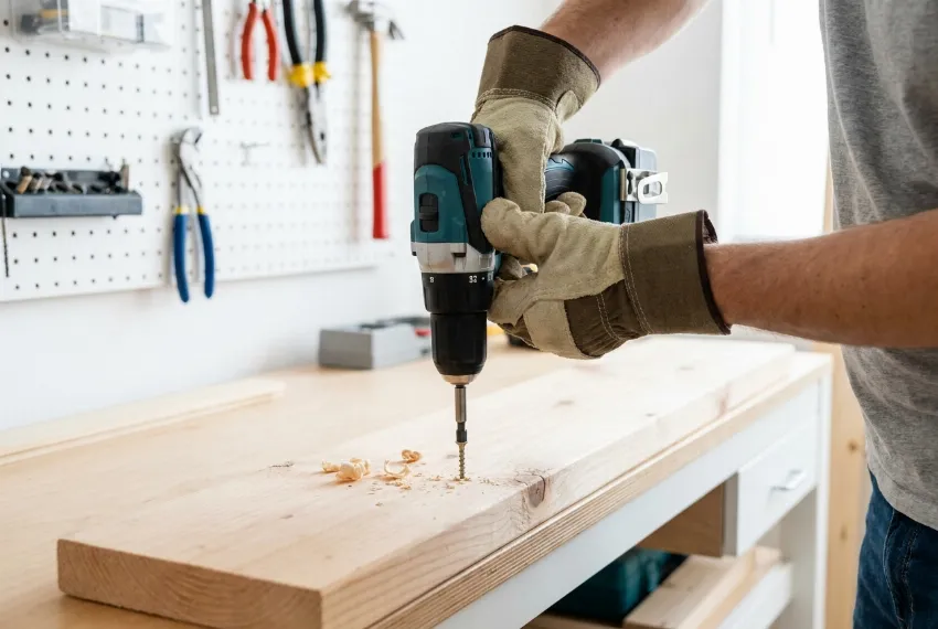 Natančno vijačenje v leseno ploščo z uporabo sodobnega baterijskega vijačnika.