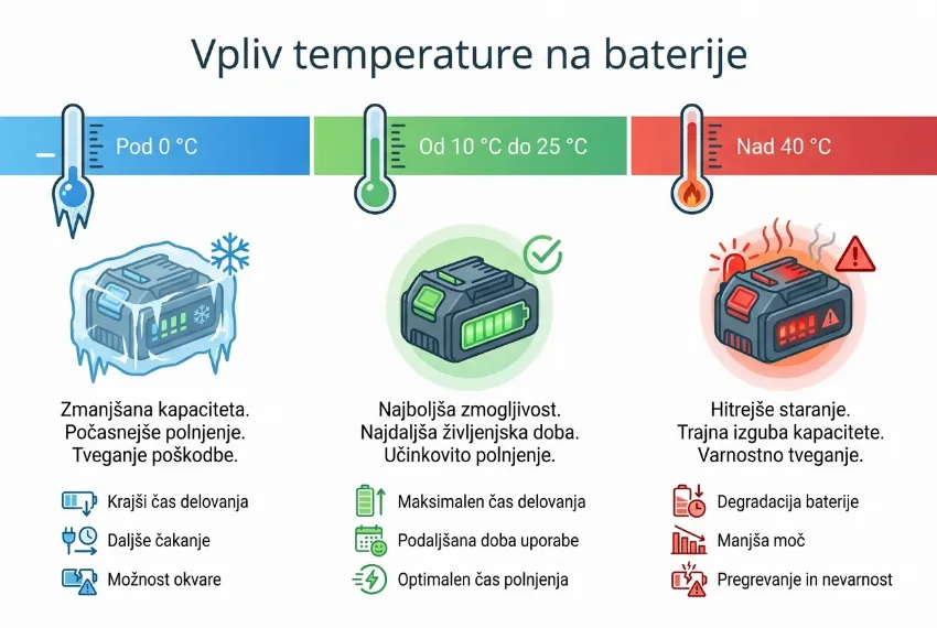 Infografika, ki prikazuje optimalne in nevarne temperature za polnjenje in shranjevanje baterij.