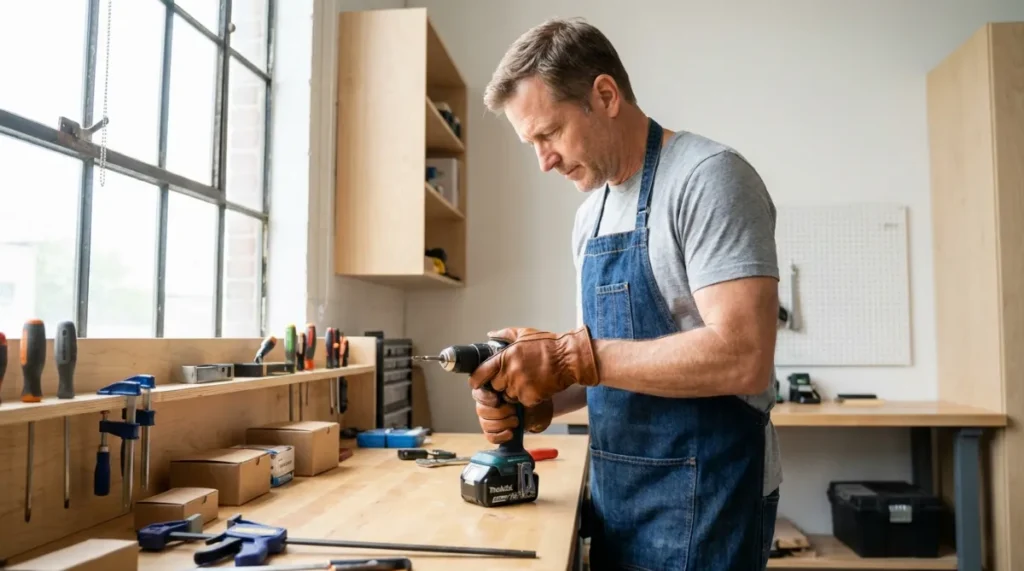 Moški v domači delavnici pritrjuje baterijo na akumulatorski vrtalnik.