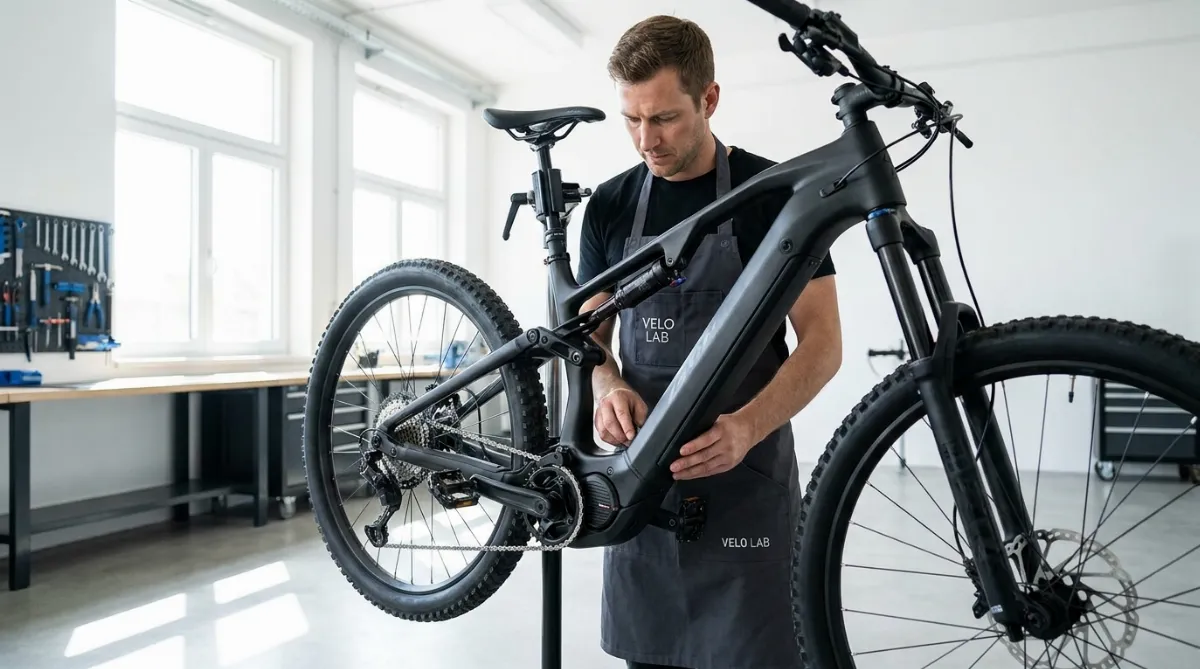 Profesionalni serviser pregleduje električno kolo v svetli in čisti kolesarski delavnici.