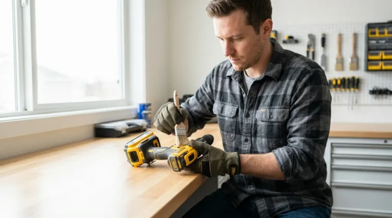 Moški v delavnici s čopičem čisti električni vrtalnik.